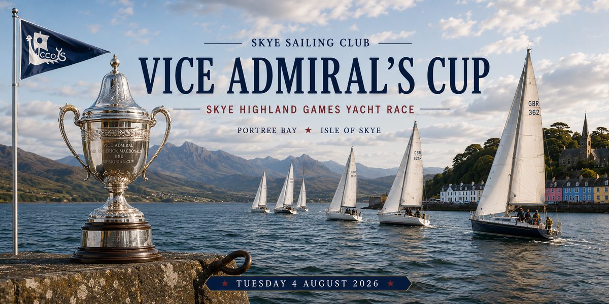 Vice Admiral's Cup yacht race in Portree Bay with historic sailing trophy, racing yachts, Portree harbour and the Cuillin mountains, Isle of Skye
